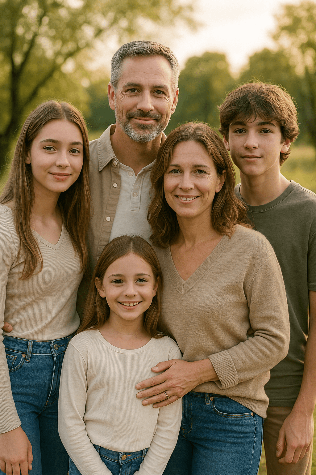 Family of five smiling together